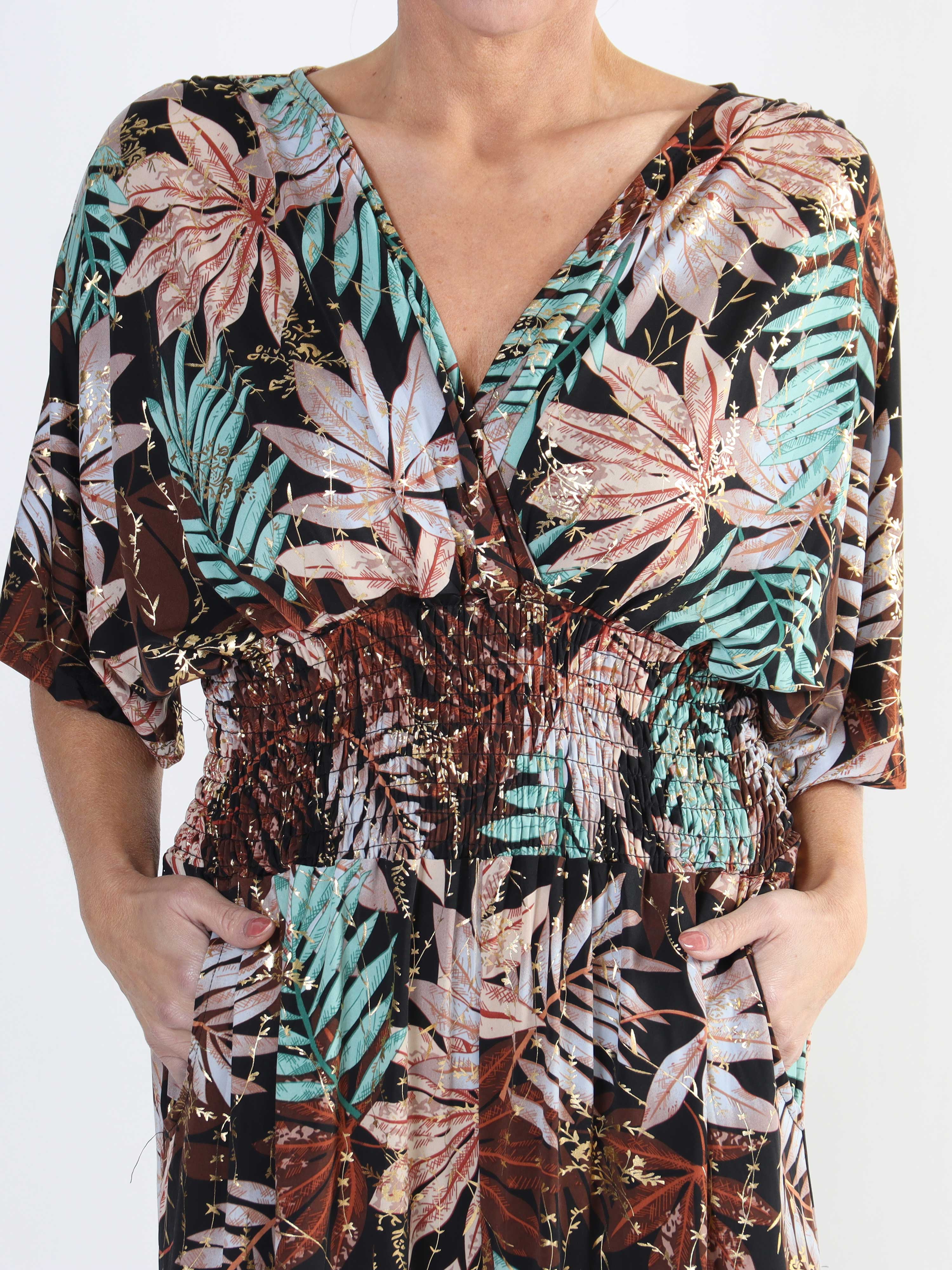 Pams Leaf Jumpsuit - Elastisk plus size buksedragt med bladmønster